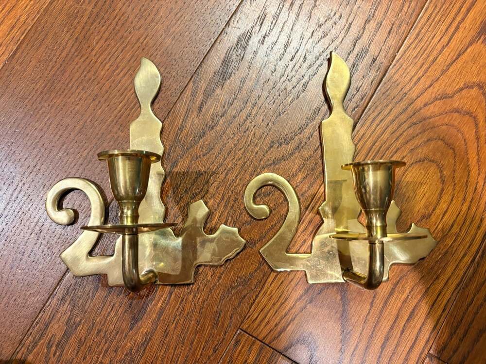 2 Brass Metal Gold Candle Stick Holders Free Standing Patina Vintage